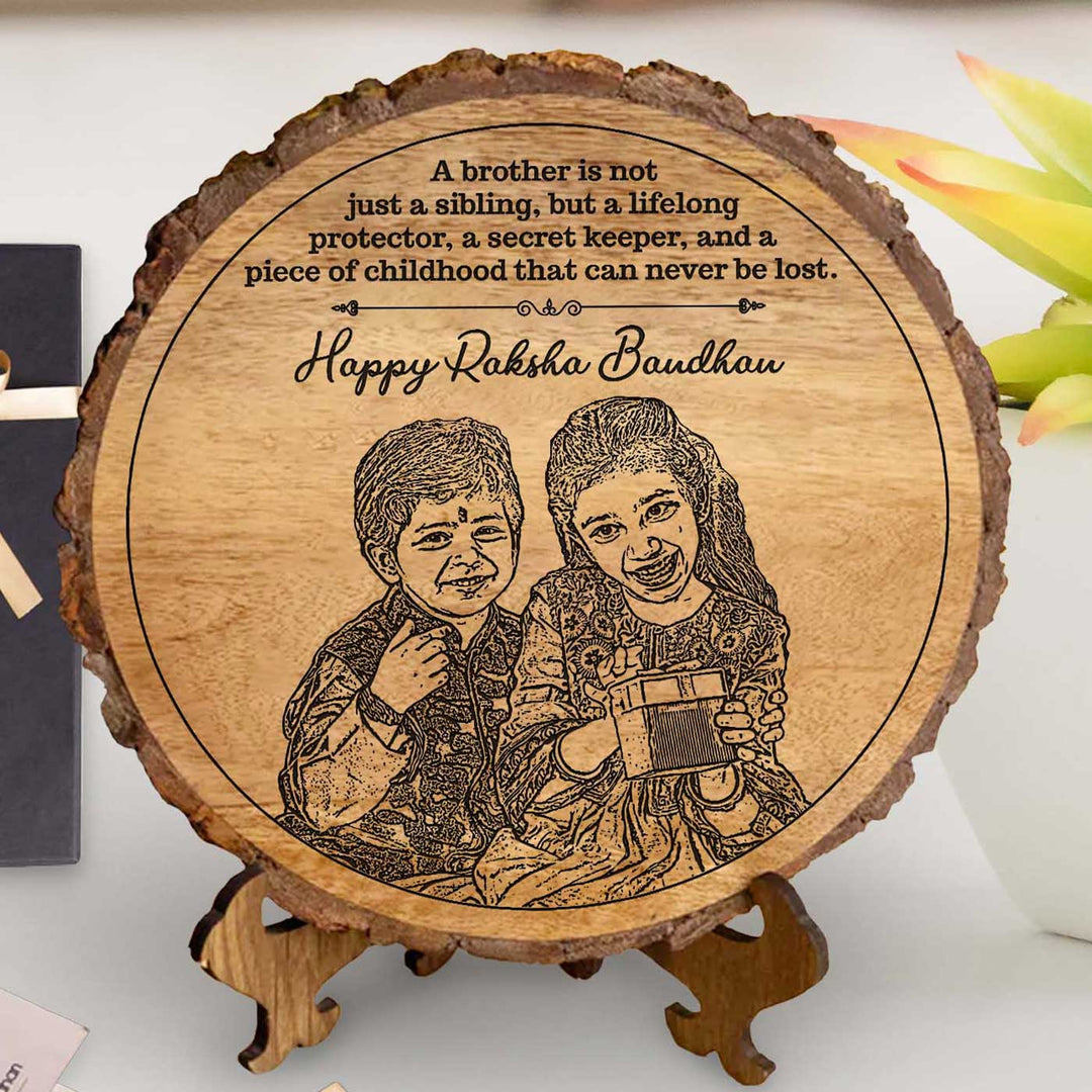 Photo Personalized Engraved Cute Bro Sis Theme Wooden Decorative Plaque Rakhi Hamper Includes 1 Rakhi 1 Plaque 1 Chocolate 1 Card And 1 Rakhi Plate - Close-up Front View of Plaque