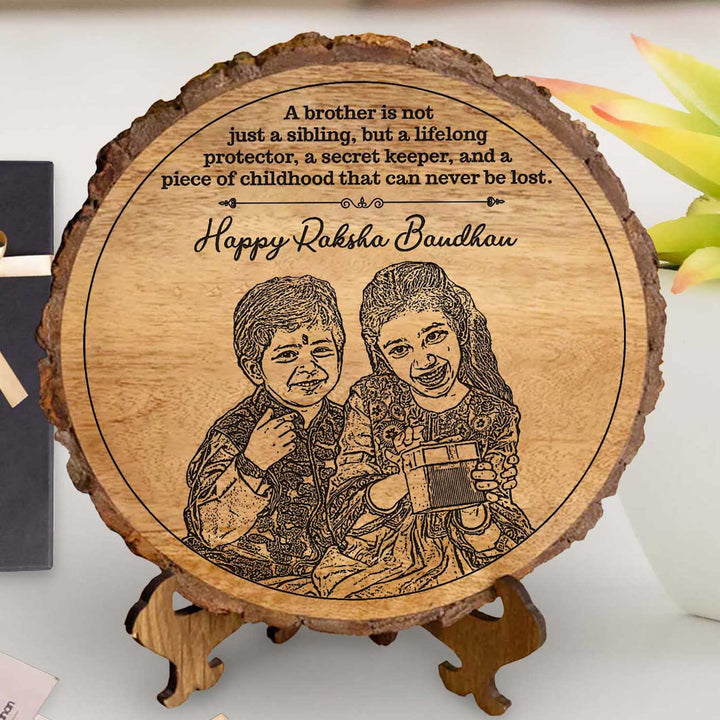 Photo Personalized Engraved Cute Bro Sis Theme Wooden Decorative Plaque Rakhi Hamper Includes 1 Rakhi 1 Plaque 1 Chocolate 1 Card And 1 Rakhi Plate - Close-up Front View of Plaque