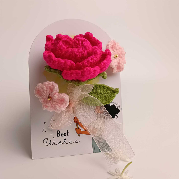 Handmade Crochet 3D Pink Rose Greeting Card
