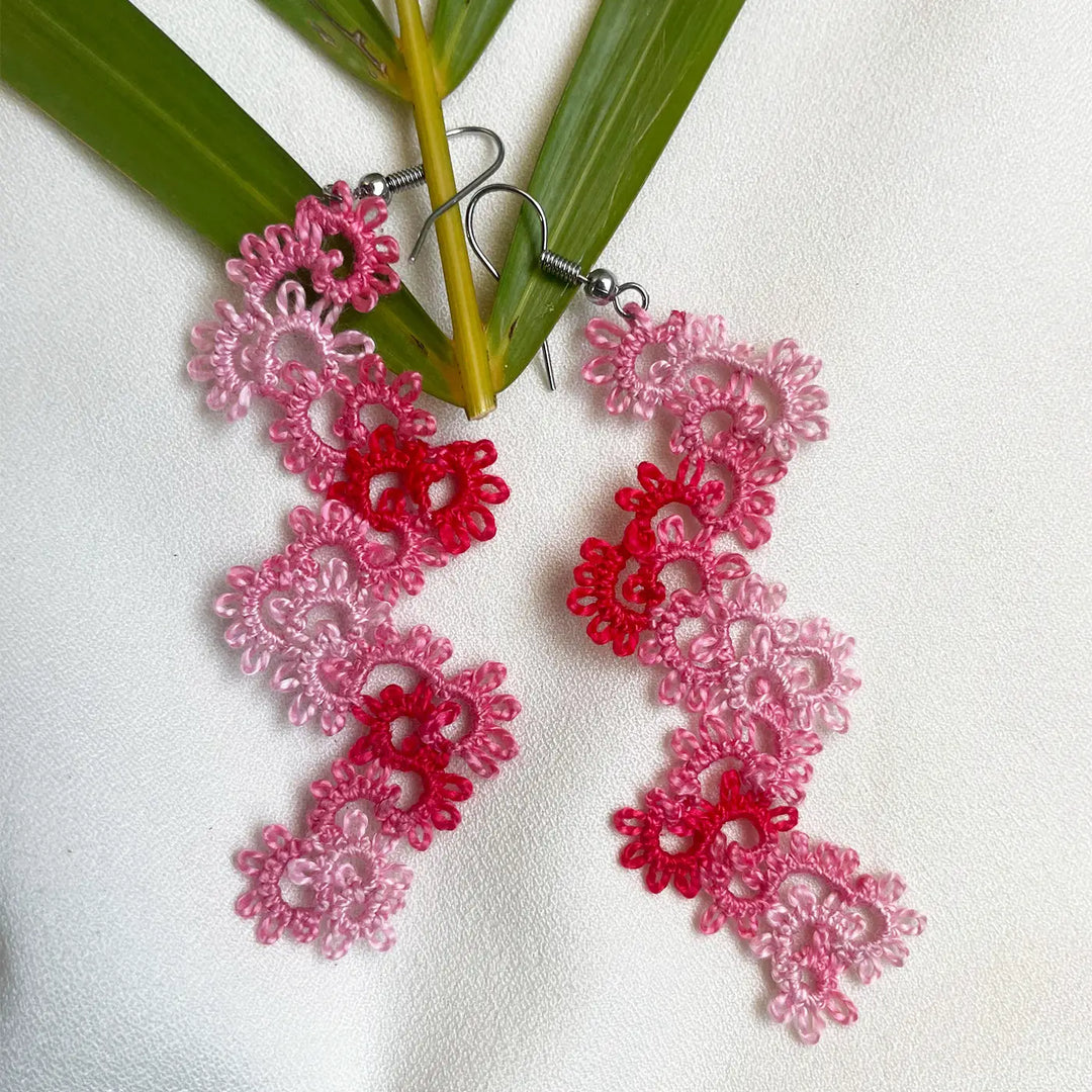 Handmade Tatting Zig - Zag Pattern Cotton Lace Earrings
