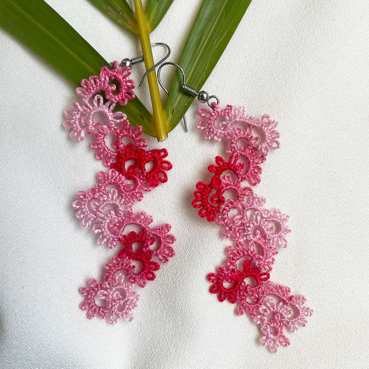 Handmade Tatting Zig - Zag Pattern Cotton Lace Earrings