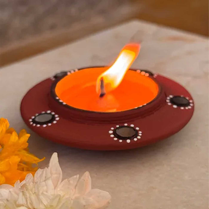 Set of 8 | Natural Finish Hand-Painted Terracotta Disc Diya Tealight Holders For Festive Decor