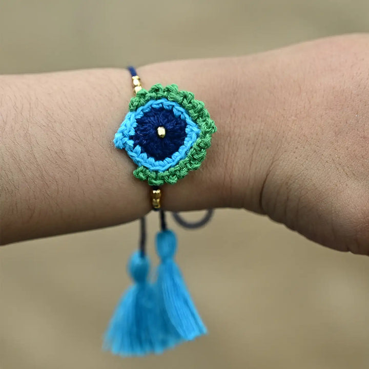 Handmade Crochet Krishna Theme Kids Rakhi With Roli Chawal