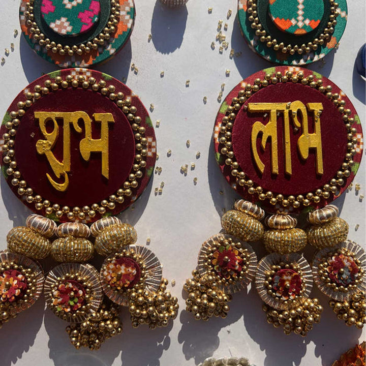 Handmade Shubh Labh Navratna Patola And Pastel Pistachio Reversible Hanging | Set Of 2