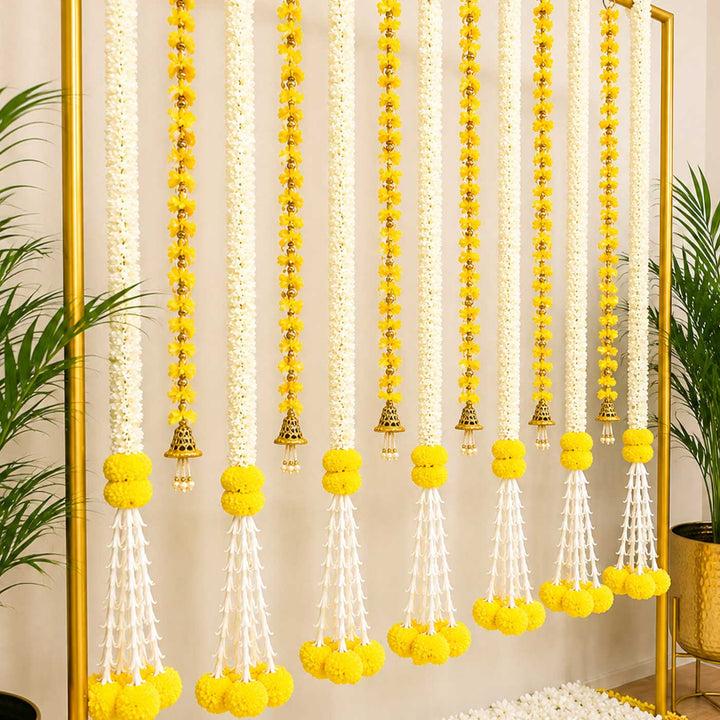 8 pc | Handcrafted Artificial Mogra, Marigold And Yellow Tassel Flower Hangings With Gold Bead Detailing