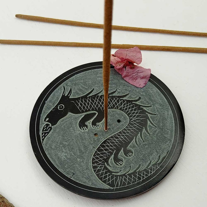 Handmade Black Iqrit Dragon Soapstone Incense Stick Holder | Set of 2