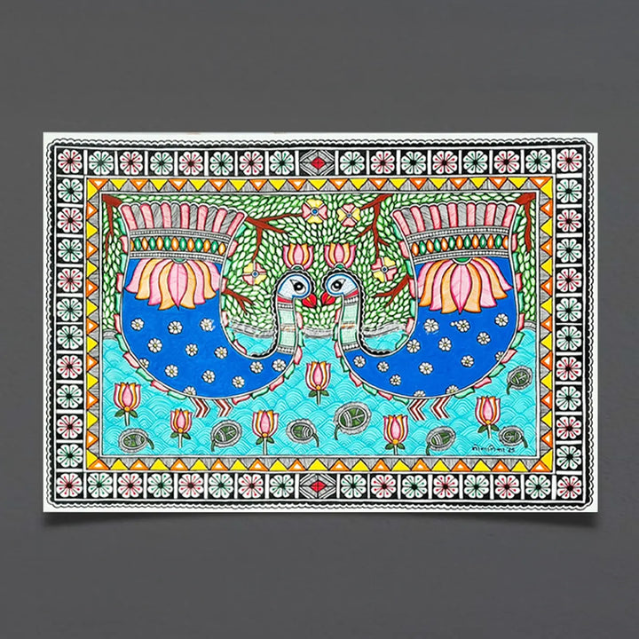 11 x 16 Inch | Duo Dancing In Bloom | Original Hand Painted Madhubani Painting On Paper
