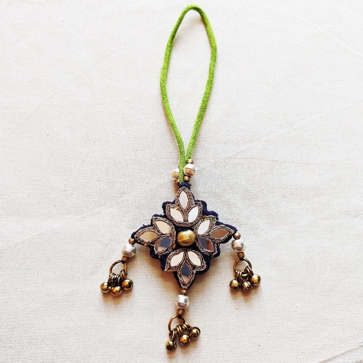 Handmade Mirror Work And Ghungroo Blue Bhaiya Bhabhi Rakhi With Roli Chawal Set Of 2 - Single Piece Front View