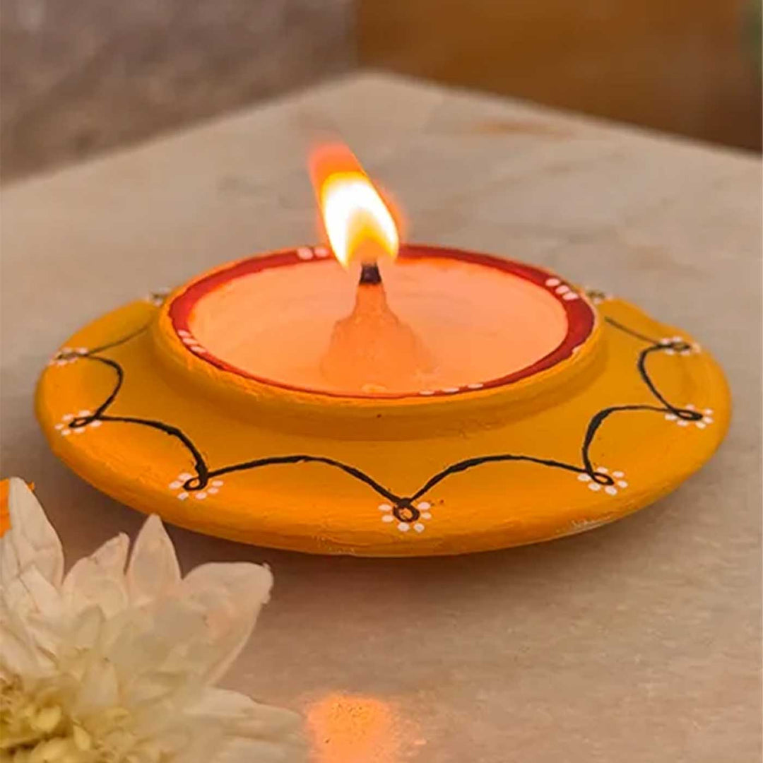 Set of 8 | Sunny Yellow Hand-Painted Terracotta Disc Diya Tealight Holders For Festive Decor