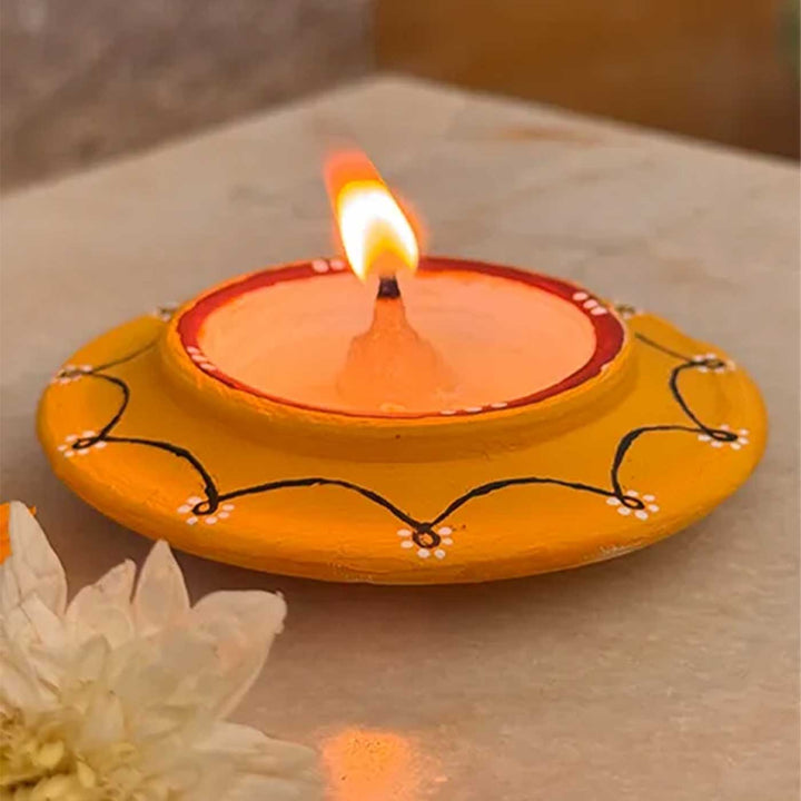 Set of 8 | Sunny Yellow Hand-Painted Terracotta Disc Diya Tealight Holders For Festive Decor