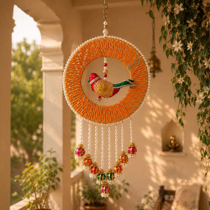 Handcrafted Chidiya Swing Gota Patti Bird Motif Wall Hanging with Beads & Pearls