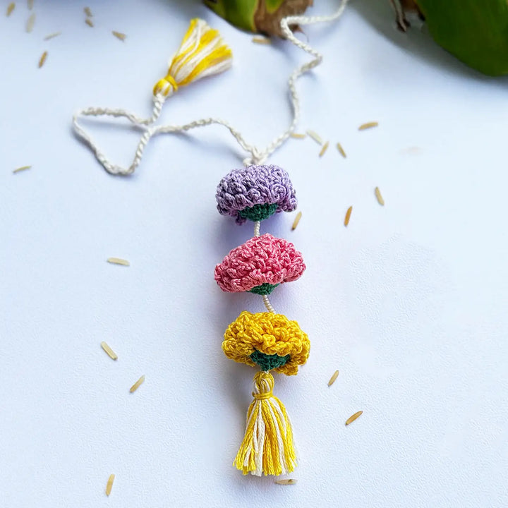 Handmade Crochet Marigold Lumba Rakhi For Bhabhi With Roli Chawal