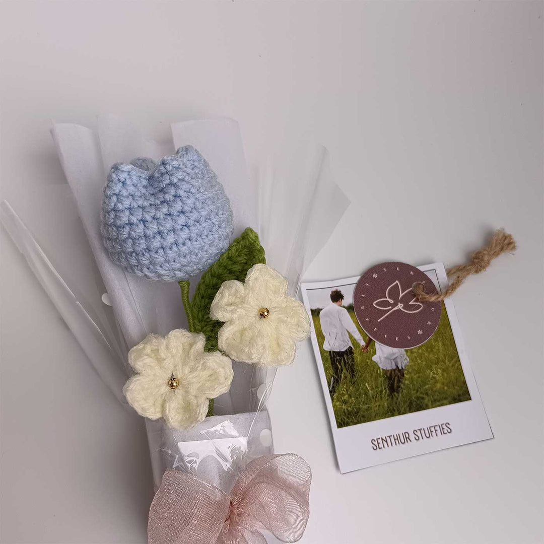 Handmade Crochet Blue Tulip Mini Flower Bouquet | Includes Photo & Greeting Card