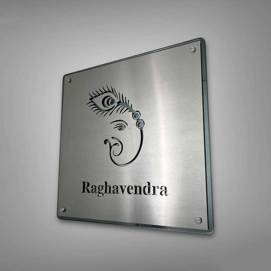 Personalized Engraved Minimalist Ganesha Theme Stainless Steel Name Plate