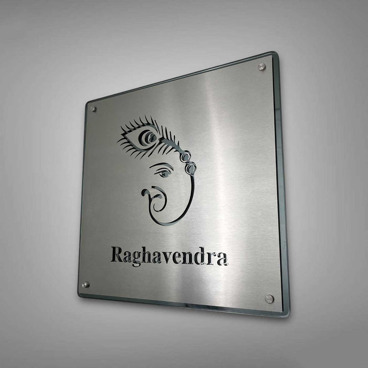Personalized Engraved Minimalist Ganesha Theme Stainless Steel Name Plate