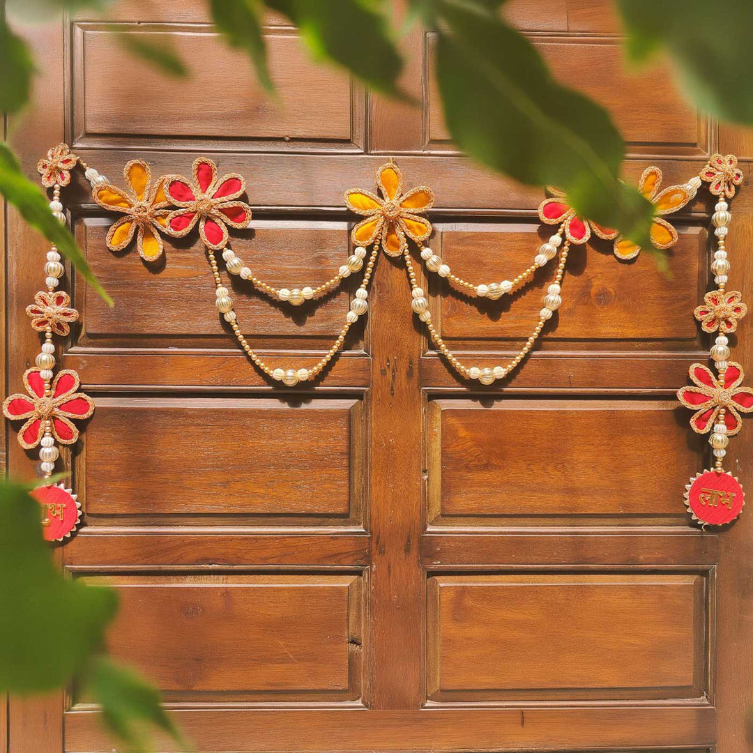 3 Pc | Handmade Lakshmi Phool Floral Banderwal Toran with Pearl Swags & Shubh Labh Hangings