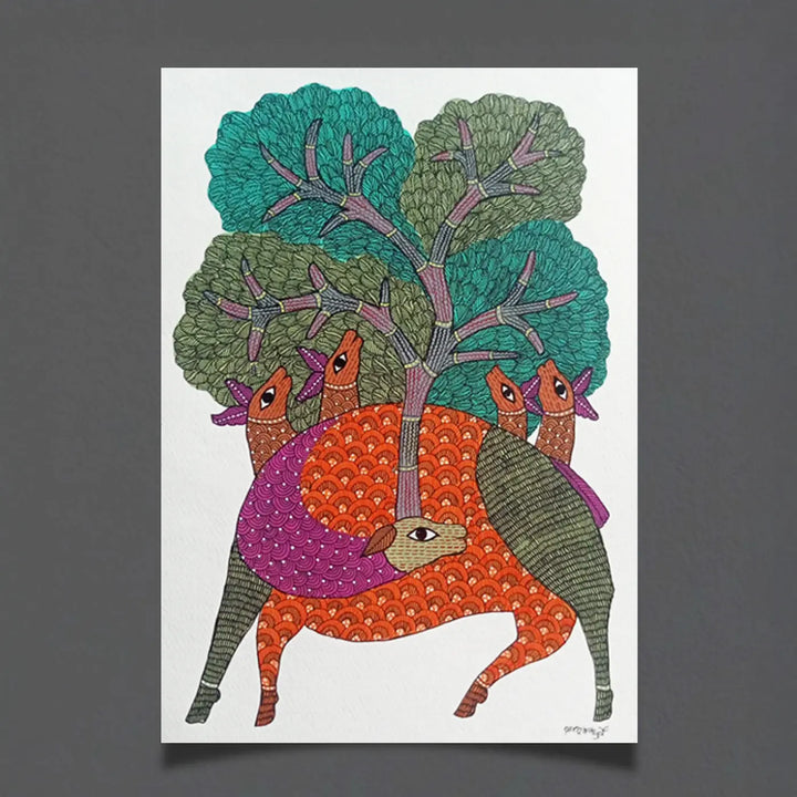 11 x 16 Inch | Deer & Tree of Life | Original Hand Painted Tribal Gond Art Painting | Acrylic Paint On Paper
