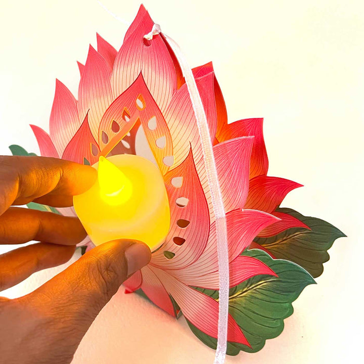 Handmade Hanging Lotus Diya Design With Electric Tealights | Set Of 4