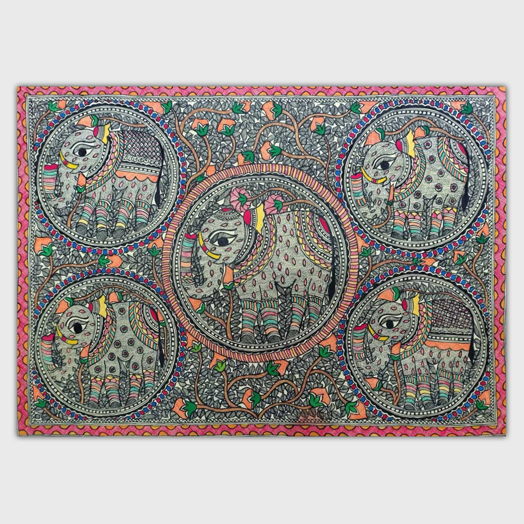 22 x 30 Inch | Elephants & Tree | Original Hand Painted Madhubani Painting | Natural Pigments On Paper