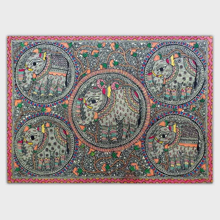 22 x 30 Inch | Elephants & Tree | Original Hand Painted Madhubani Painting | Natural Pigments On Paper