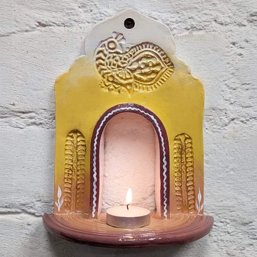 Hand-Painted Yellow & White Peacock Motif Terracotta Tealight Holder