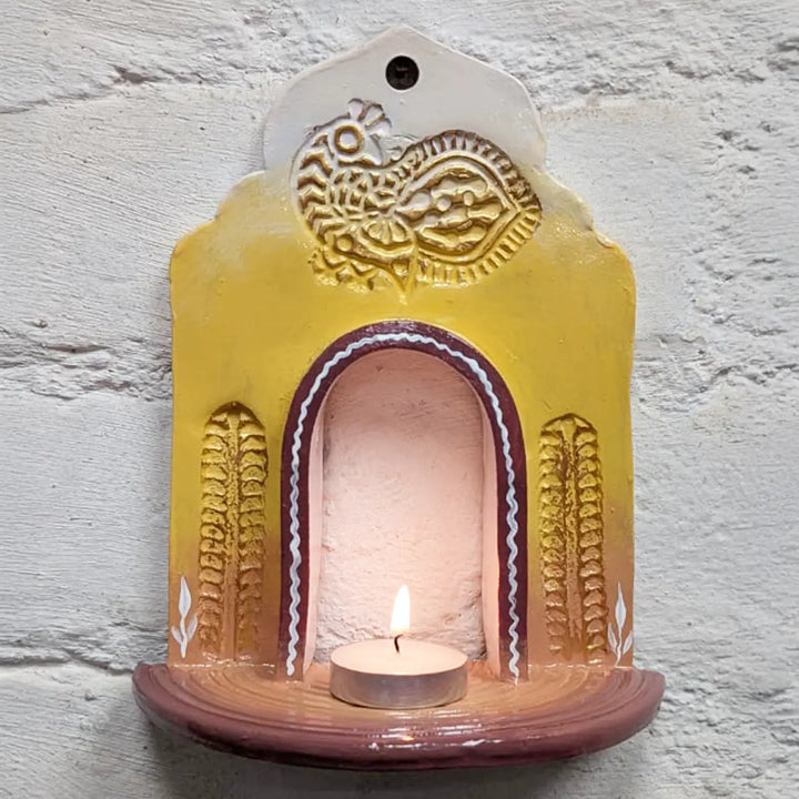 Hand-Painted Yellow & White Peacock Motif Terracotta Tealight Holder