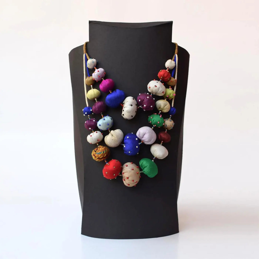 Handmade Textile Art Multicolor Pebble Design Dupion Silk Fabric Necklace