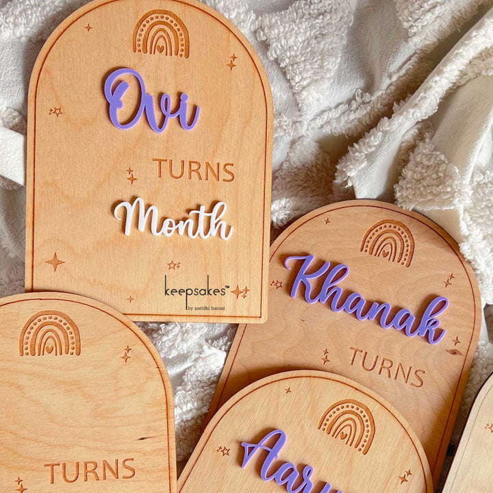 Personalized Rainbow Theme Birch Wood Baby Milestone Markers For Newborn Photoshoot