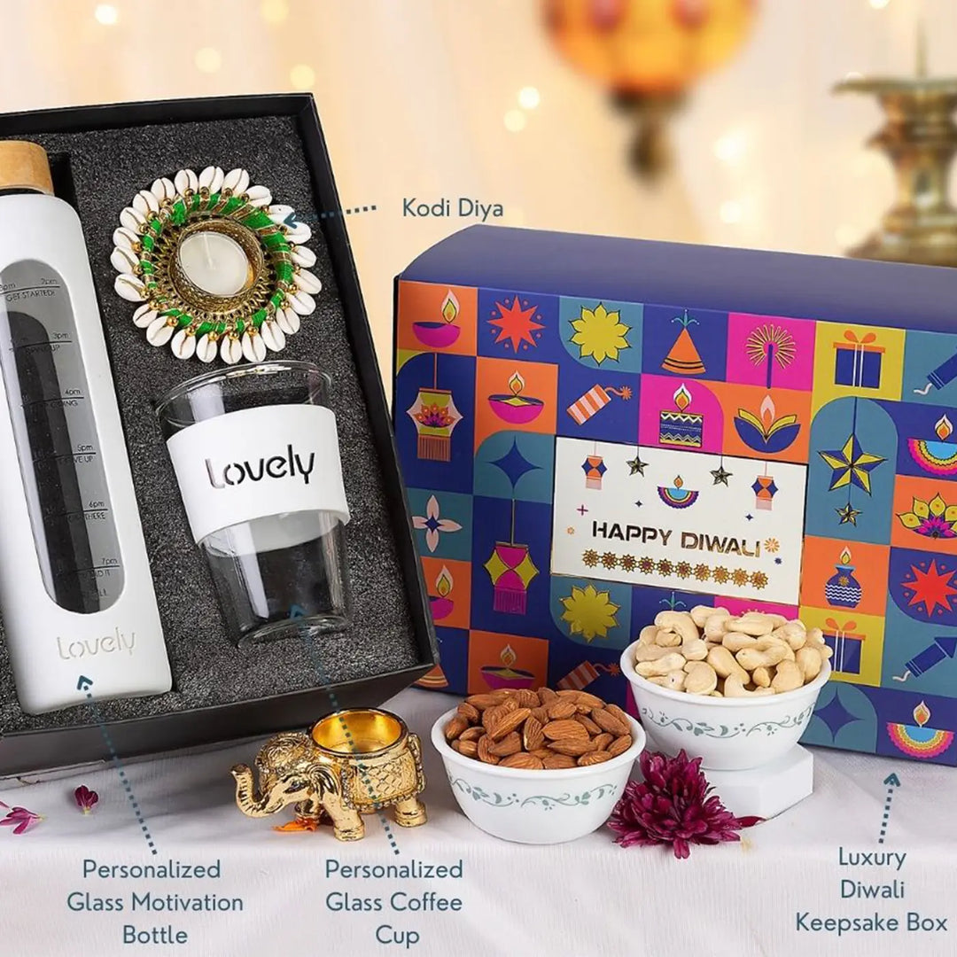 Personalized Diwali Gift Hamper | Includes 1 Bottle, 1 Glass, 1 Elegant Diya
