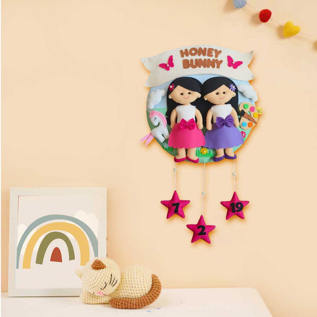 Hand-stitched Hobby Themed Round Felt Kids Name Plate for Siblings