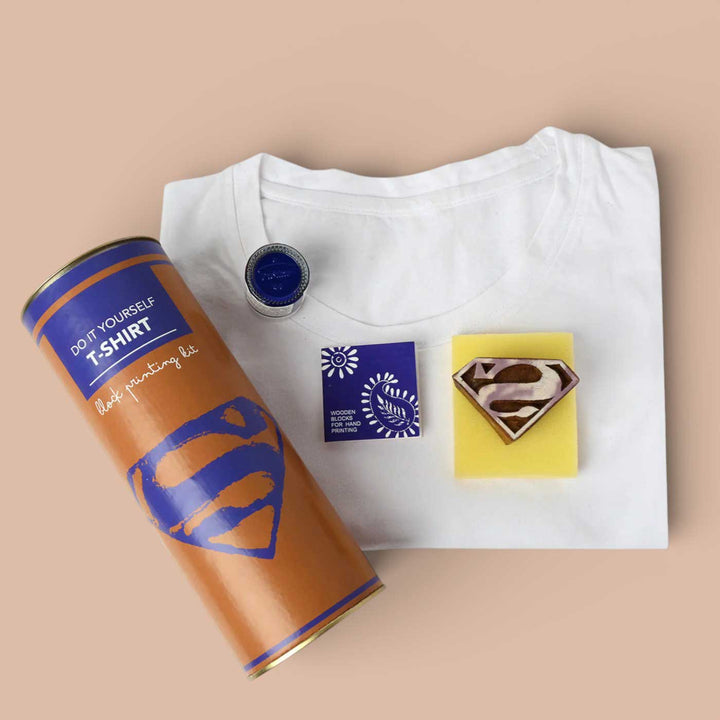 Superman Design T-shirt Block Print DIY Kit | 1 White Cotton T-shirt, 1 Fabric Paint And 1 Wooden Block