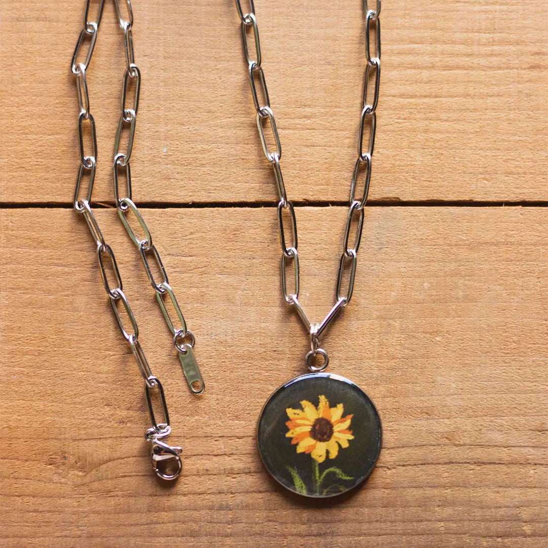 Illustrated Sunflower Design Resin & Stainless Steel Necklace