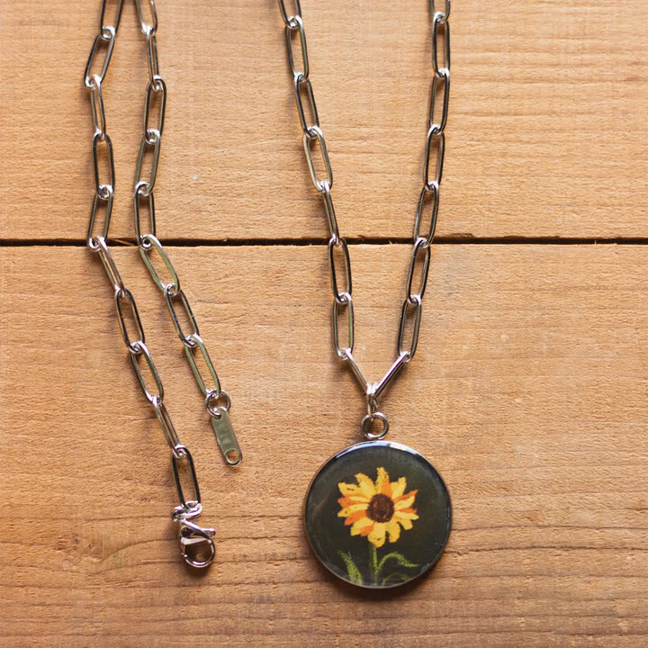 Illustrated Sunflower Design Resin & Stainless Steel Necklace