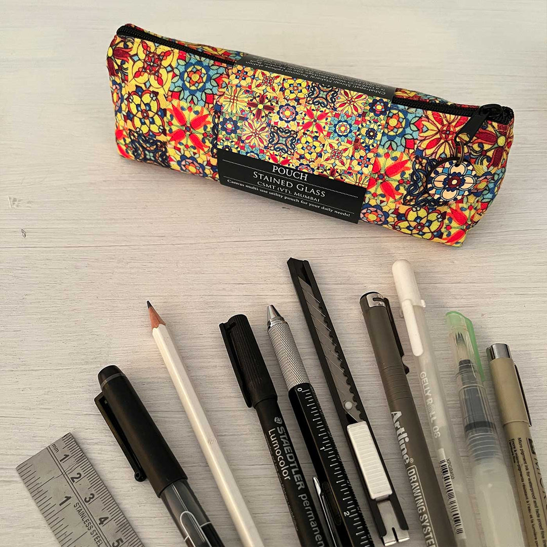 Hand-Painted Mumbai Heritage Stained Glass CST Inspired Canvas Pouch