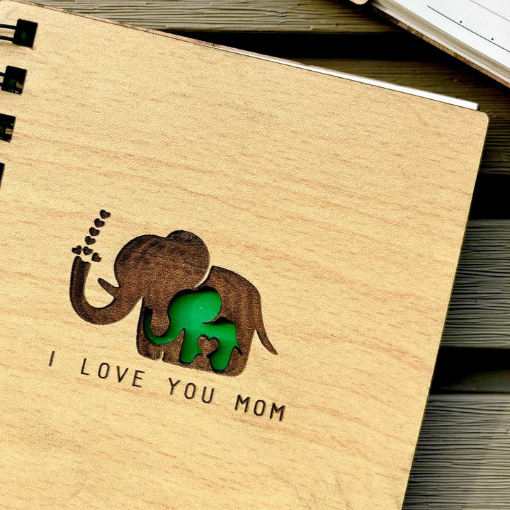 Handmade Elephant Theme MDF Wood Notebook For Mothers | 60 Pages