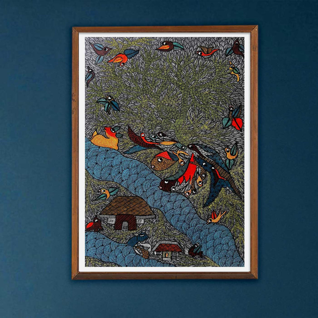 15 x 22 Inch | Flow and Flight | Original Hand Painted Tribal Gond Art Painting | Acrylic Paints On Paper