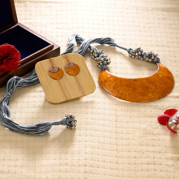 Handmade New Moon Shaped Ghungroo Copper Pendant With Earrings