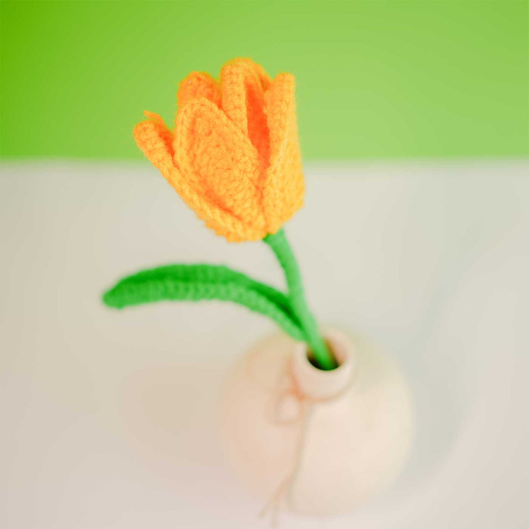 Handmade Crochet Yellow Tilip With Onion Ceramic Vase
