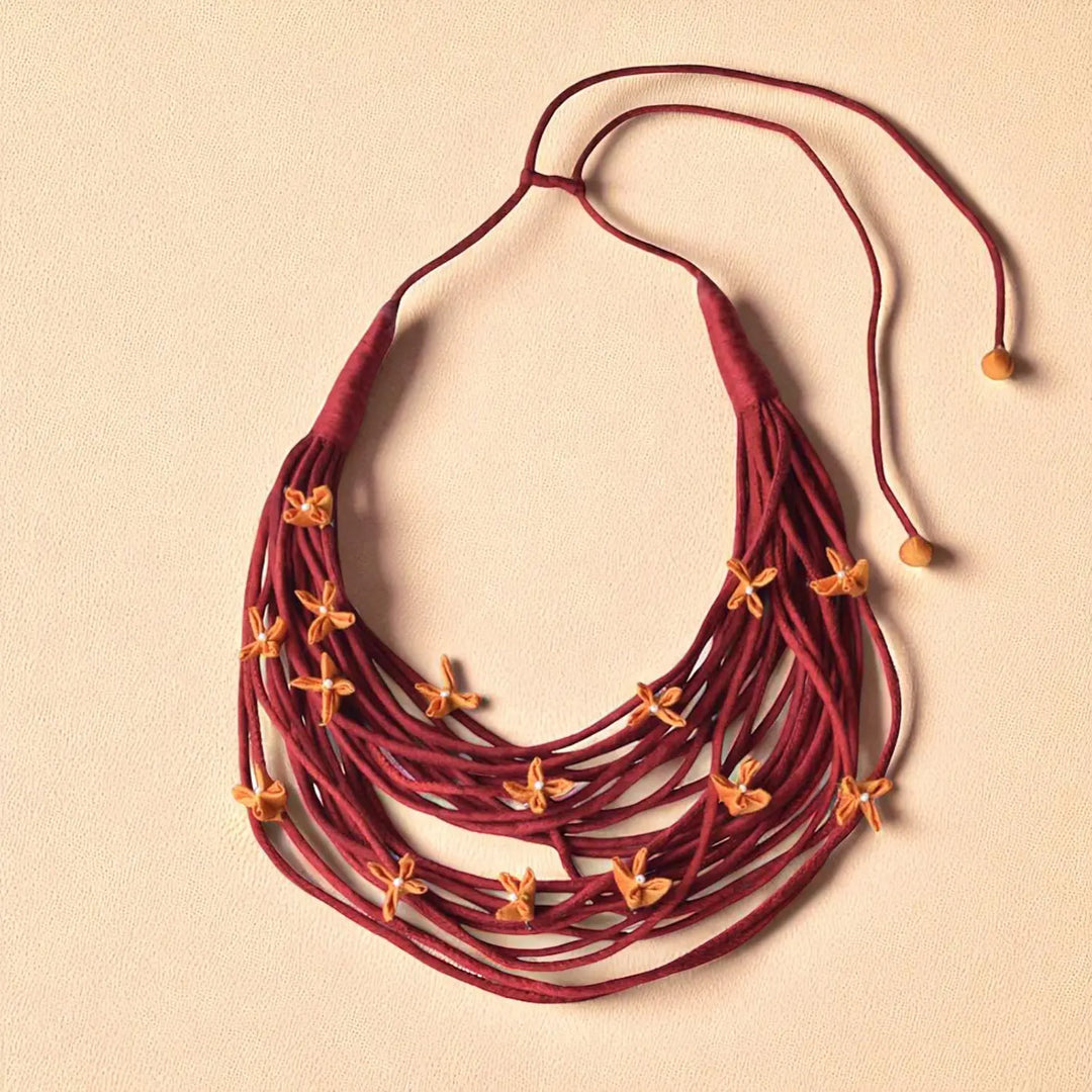 Handmade Textile Art Wired Floral Design Dupion Silk Fabric Necklace
