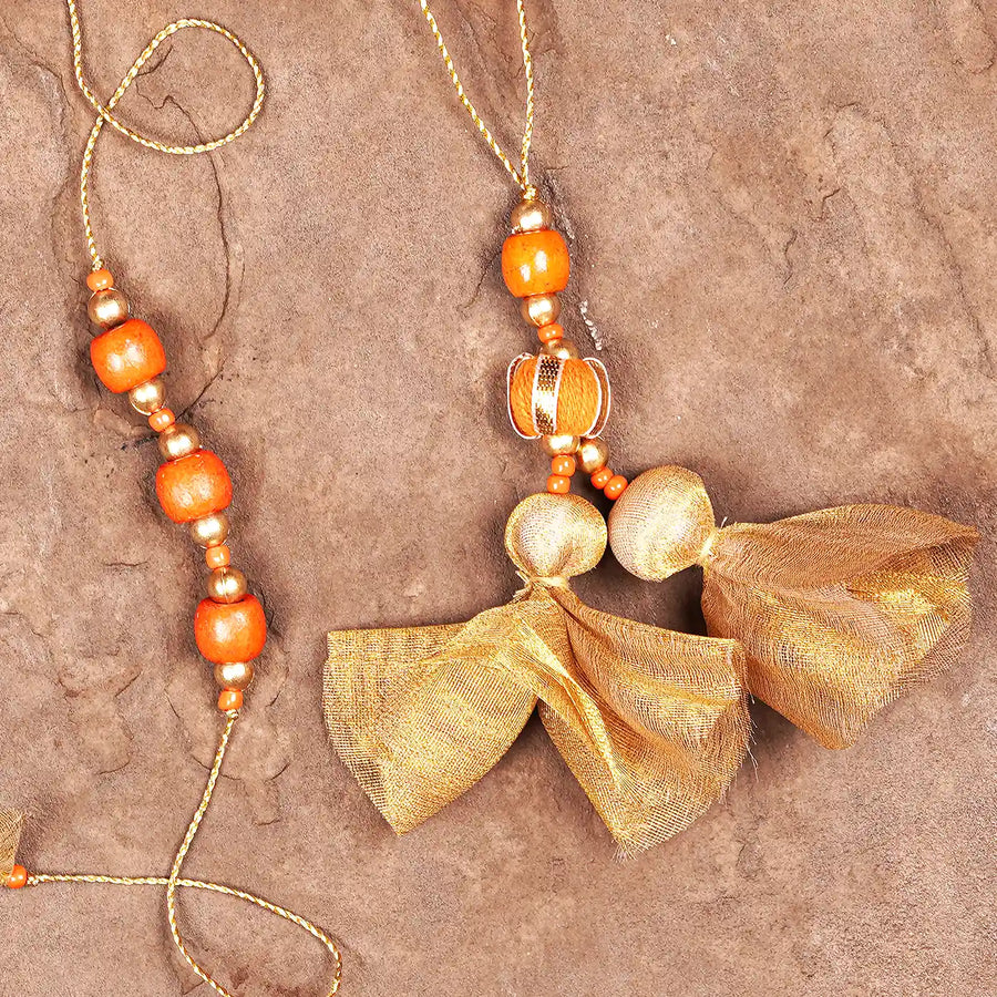 Handmade Beaded Swarn Kesari Bhaiya Bhabhi Rakhi With Roli Chawal Set Of 2 - Close-up of decorative details