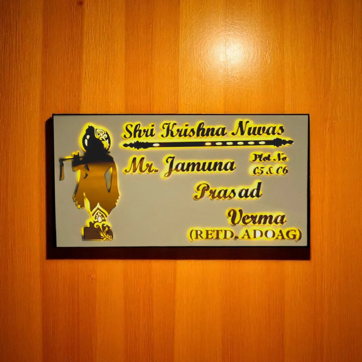 Personalized Krishna Theme Acrylic Name Plate With Lights
