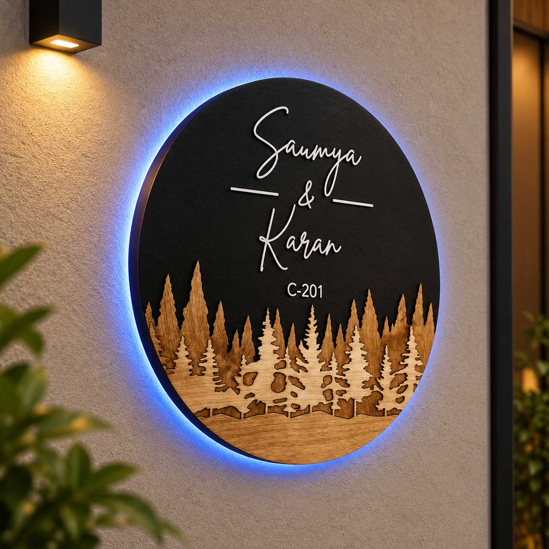 Pine Forest Theme Personalized Round Led Backlit Handcrafted Wooden Name Plate With Laser Cut White Lettering For Home
