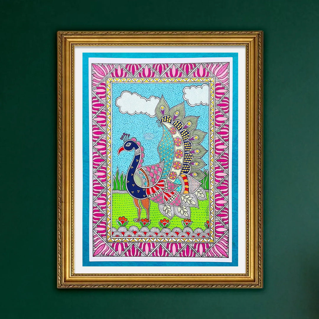 8 x 12 Inch | Peacock Garden | Original Hand Painted Madhubani Painting On Paper