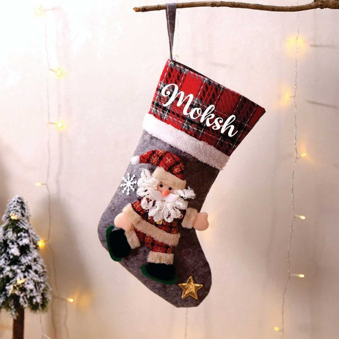 Personalized Plaid Band Linen & Fur Stockings For Christmas Decoration
