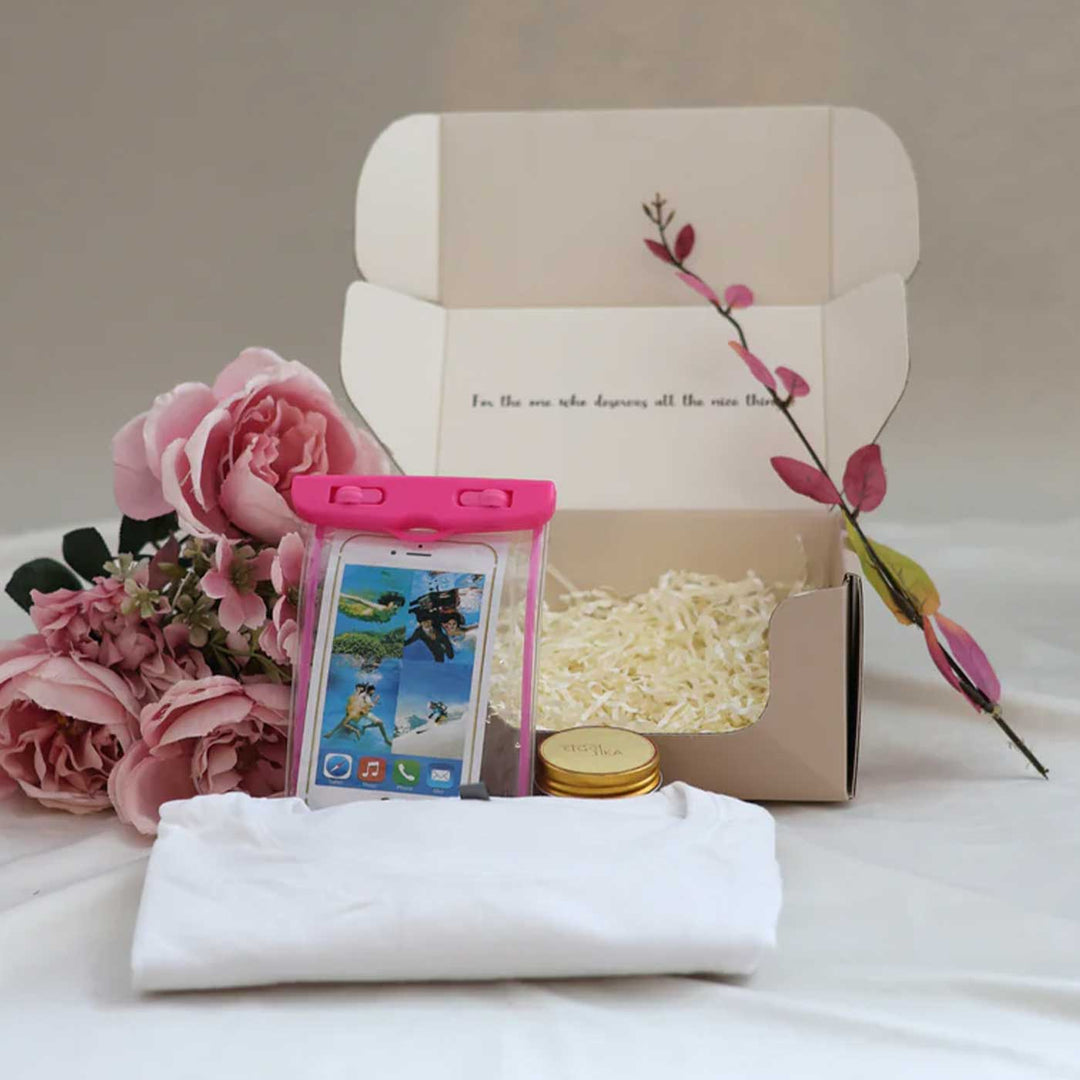 Ultimate Holi Essential Box | Includes 1 Waterproof Phone Pouch, 1 Classic White T-Shirt, 1 Chandan Tika, 1 All Things Nice Gift Box