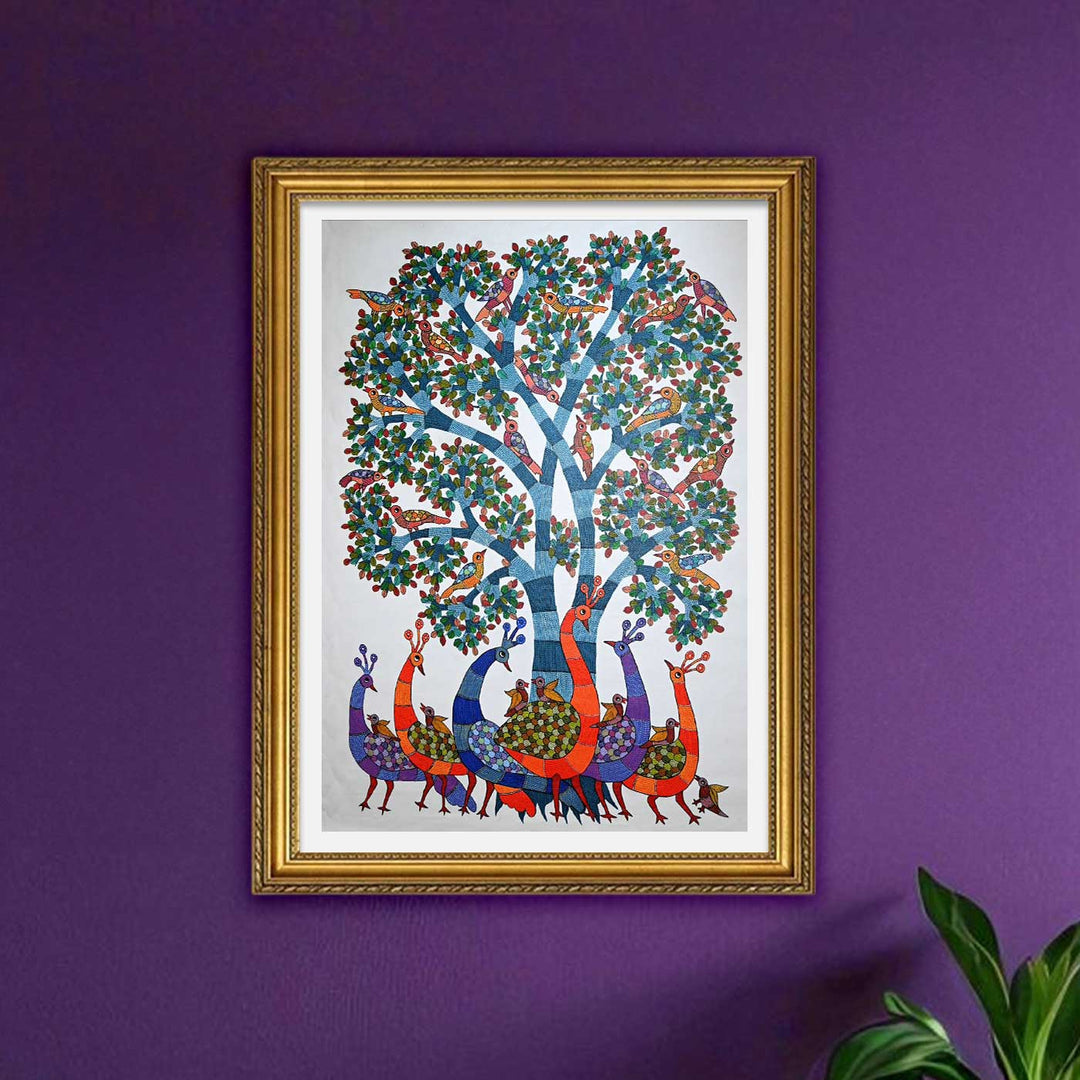 15 x 22 Inch | Under the Tree of Life | Original Hand Painted Tribal Gond Art Painting | Acrylic Paints On Canvas