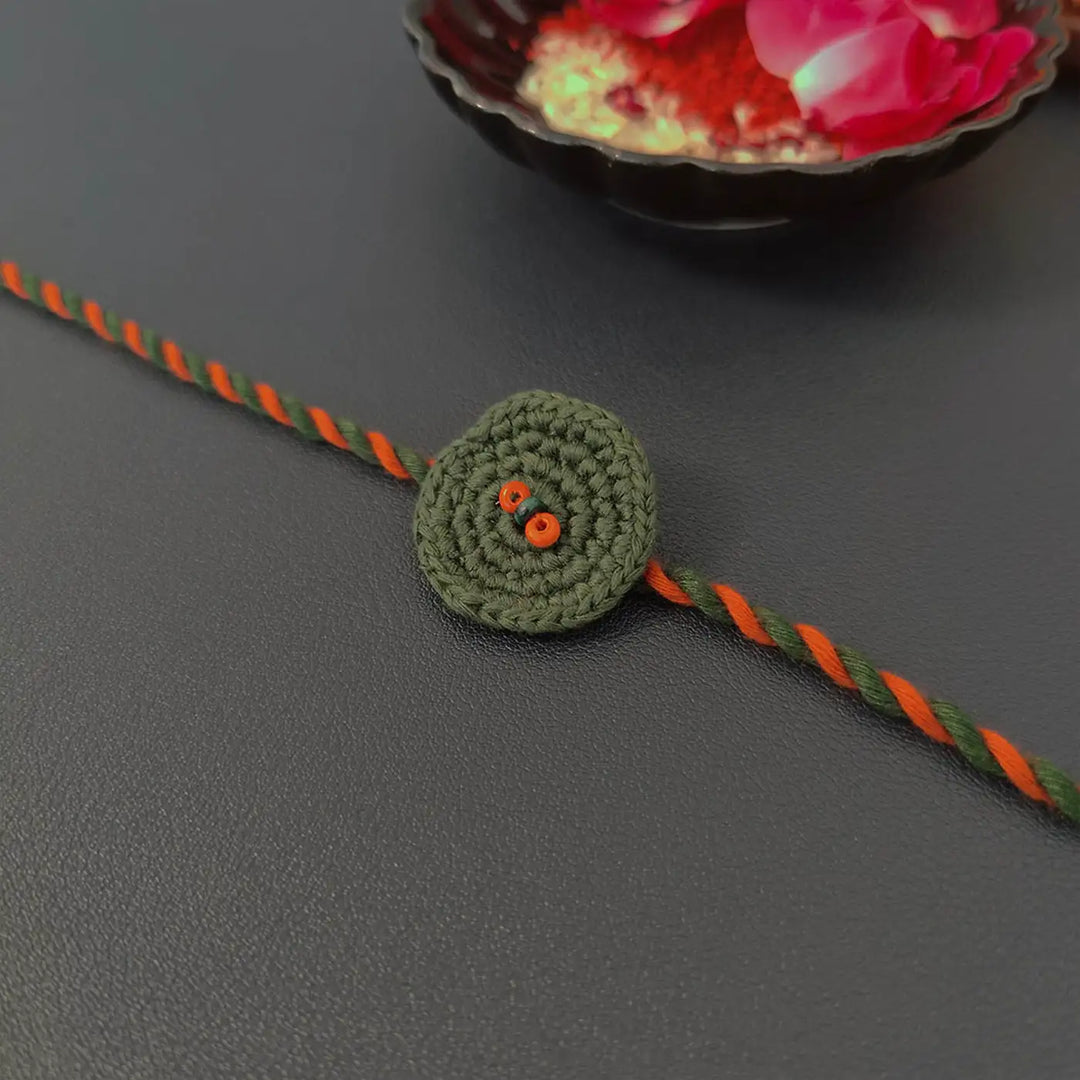 Handmade Crochet Beaded Round Rakhi With Roli Chawal