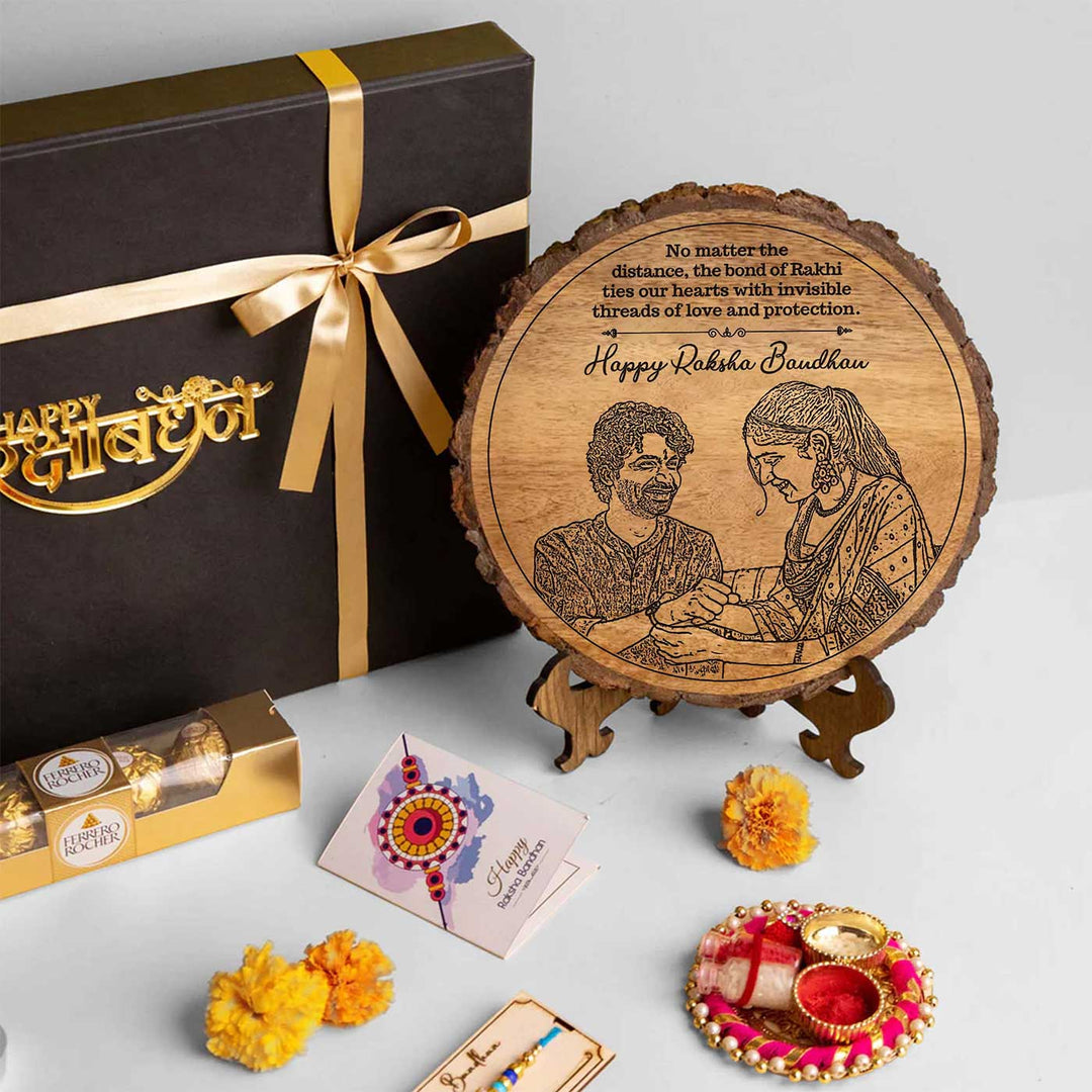 Photo Personalized Engraved Raksha Bandhan Theme Wooden Decorative Plaque Rakhi Hamper Includes 1 Rakhi 1 Plaque 1 Chocolate 1 Card And 1 Rakhi Plate - Gift Set with Plaque and Accessories