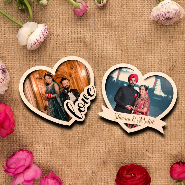 Photo Personalized Printed Heart Shaped Wooden Fridge Magnet | Set Of 2