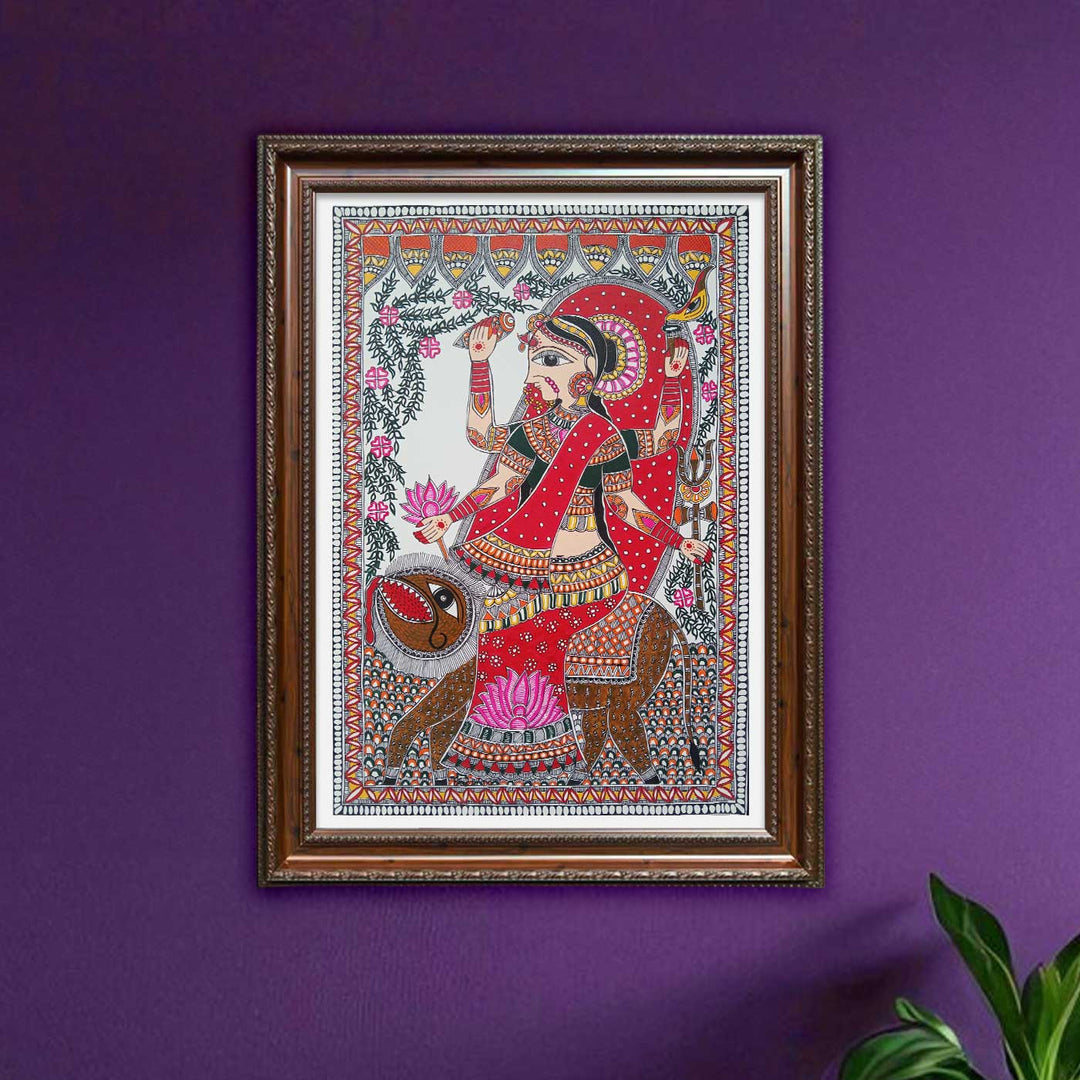 24 x 16 Inch | Maa Durga | Original Hand Painted Madhubani Painting | Acrylic Paints On Paper